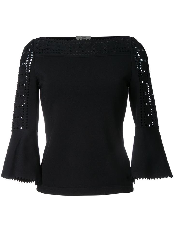 Fendi Perforated Trim Boat Neck Top, Women's, Size: 42, Black, Polyester/viscose