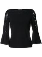 Fendi Perforated Trim Boat Neck Top, Women's, Size: 42, Black, Polyester/viscose