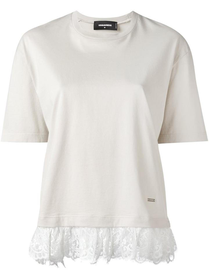 Dsquared2 Lace Effect Fringed T-shirt, Women's, Size: Medium, Nude/neutrals, Cotton/polyamide