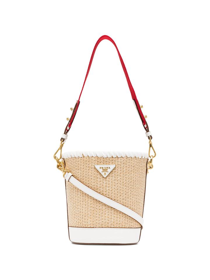 Prada White, Nude And Red Logo Raffia Bucket Bag - Nude & Neutrals