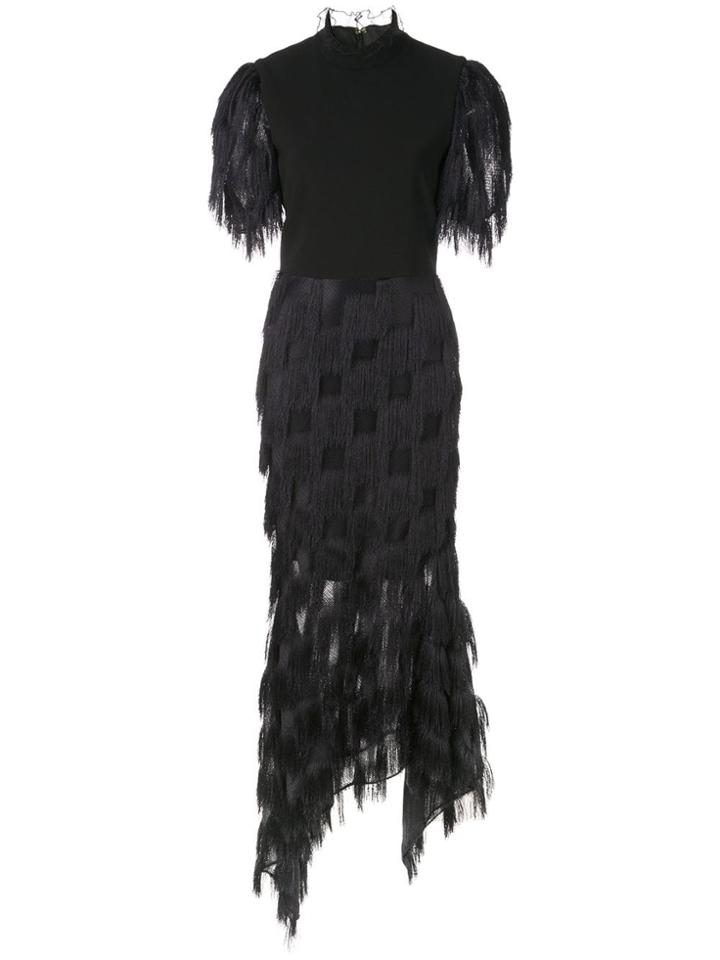 Christian Siriano Fringed Asymmetric Hem Dress - Black