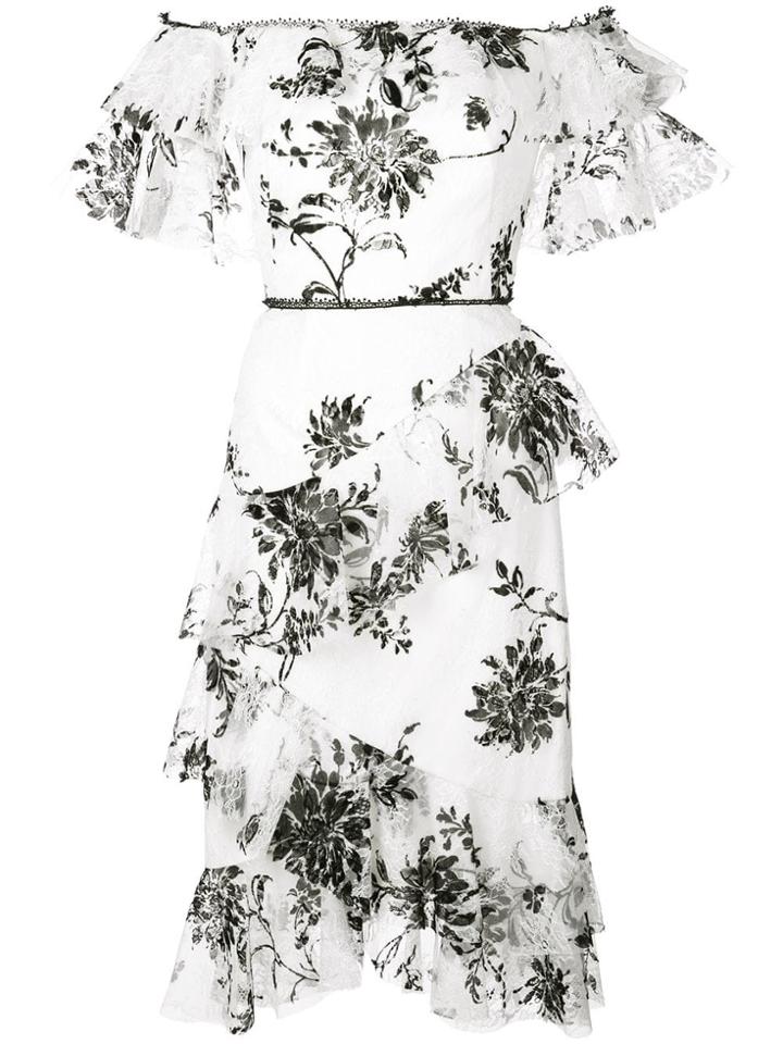 Marchesa Notte Off-the-shoulder Floral-print Dress - White