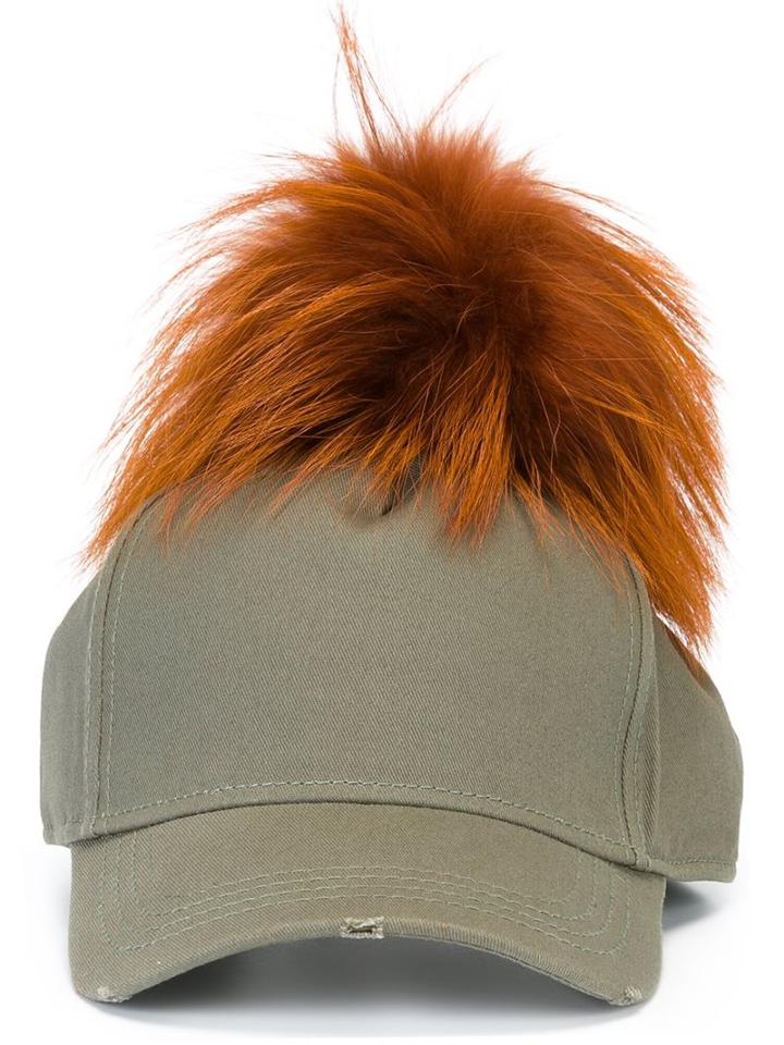 Mr & Mrs Italy Pompom Embellished Cap, Women's, Green, Racoon Fur/cotton