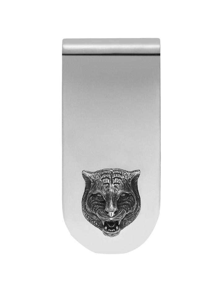 Gucci Money Clip With Feline Head In Silver - Metallic