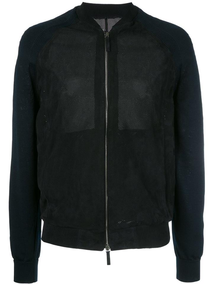 Giorgio Armani Perforated Bomber Jacket, Men's, Size: 48, Blue, Lamb Skin/polyamide