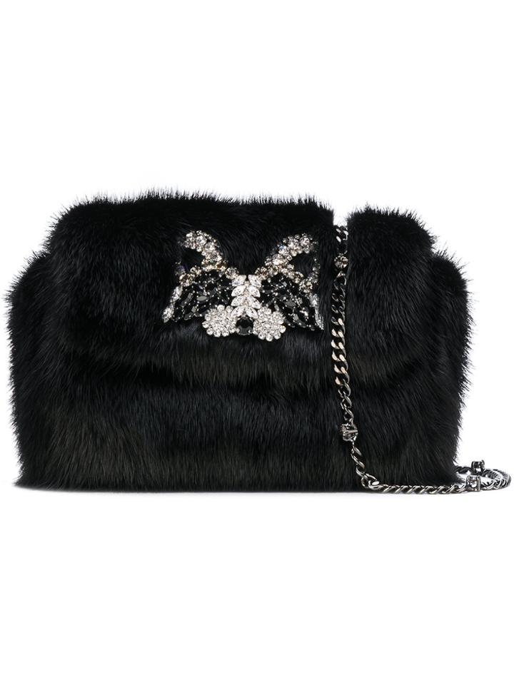 Ermanno Scervino Rhinestone Embellished Fur Clutch - Black