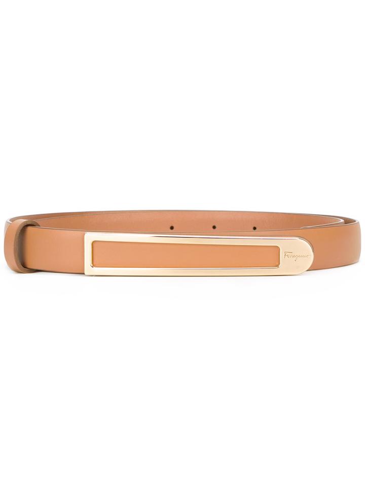 Salvatore Ferragamo Elongated Metallic Buckle Belt, Women's, Size: 85, Brown, Leather/brass