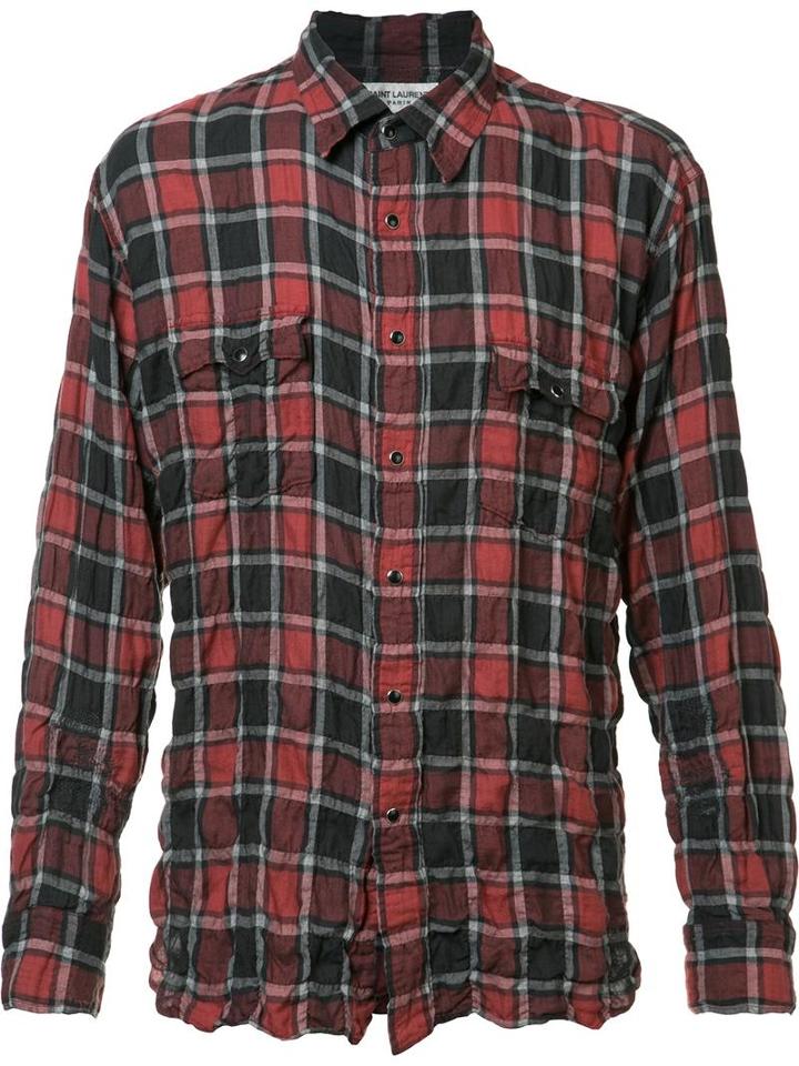 Saint Laurent Crinkle-effect Checked Shirt, Men's, Size: Small, Red, Cotton/lyocell/spandex/elastane