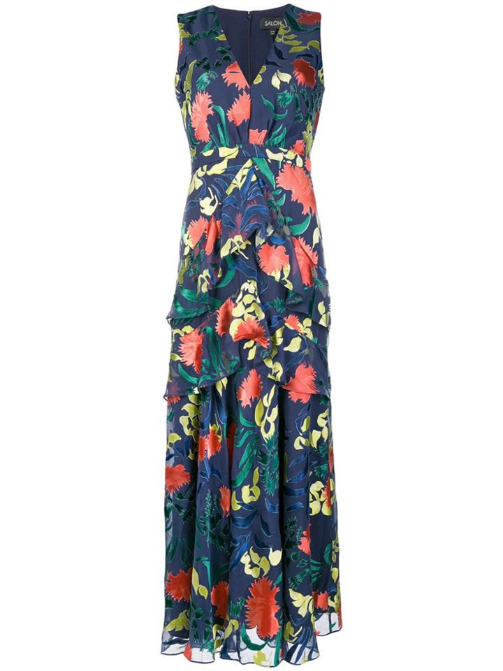 Saloni Floral Ruffled Long-length Dress - Blue