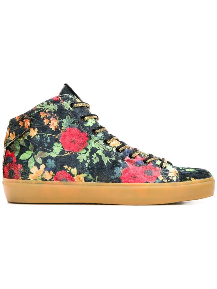 Leather Crown Floral Hi-top Sneakers - Blue