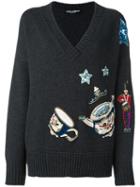 Dolce & Gabbana Wonderland Patch Jumper, Women's, Size: 38, Grey, Cashmere/glass/polyester/copper
