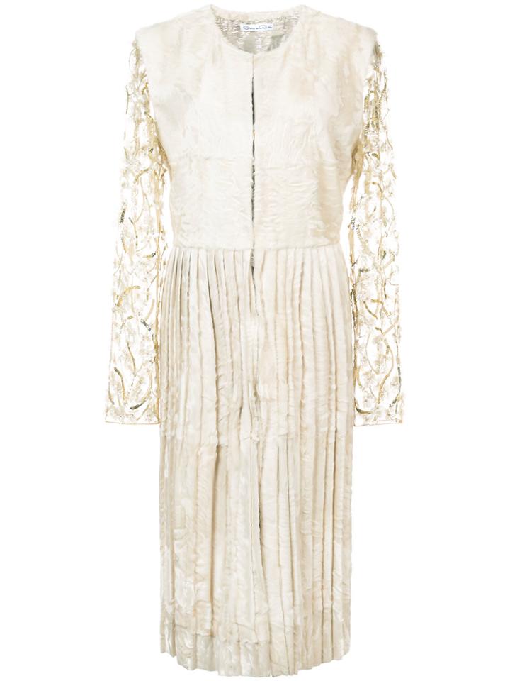 Oscar De La Renta Floral-embroidered Pleated Coat - Nude & Neutrals