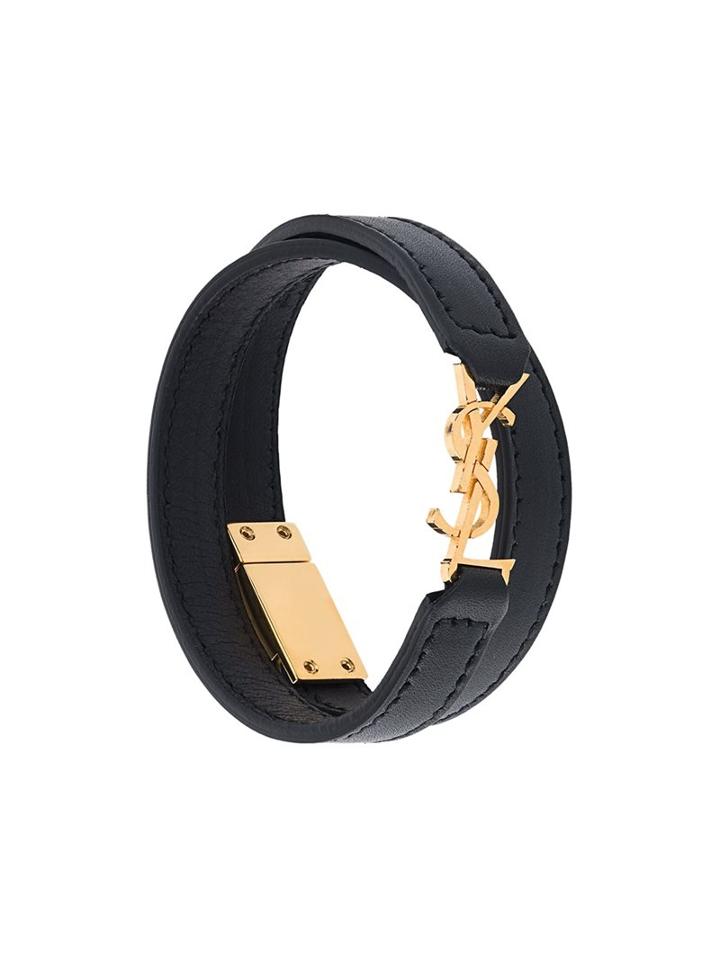 Saint Laurent Logo Embossed Double Wrap Bracelet, Women's, Size: Small, Black