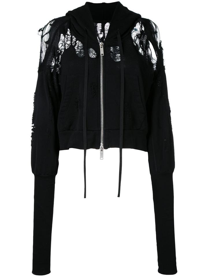 Unravel Project Distressed Detail Crop Length Zip-up Hoodie, Women's, Size: Xs, Black, Cotton