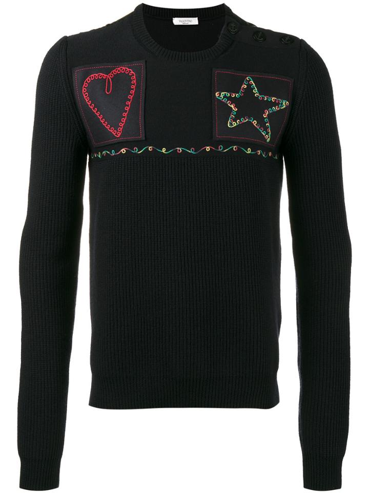 Valentino Patched Fisherman Knit Sweater - Blue