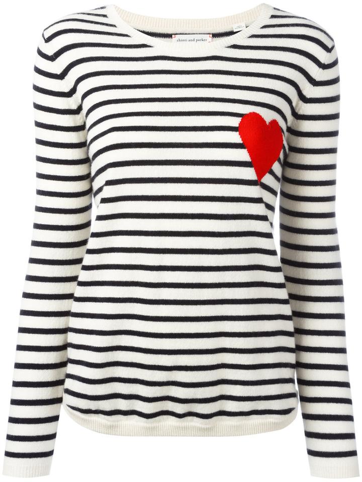 Chinti And Parker Breton Stripe Heart Jumper, Women's, Size: Medium, White, Cashmere