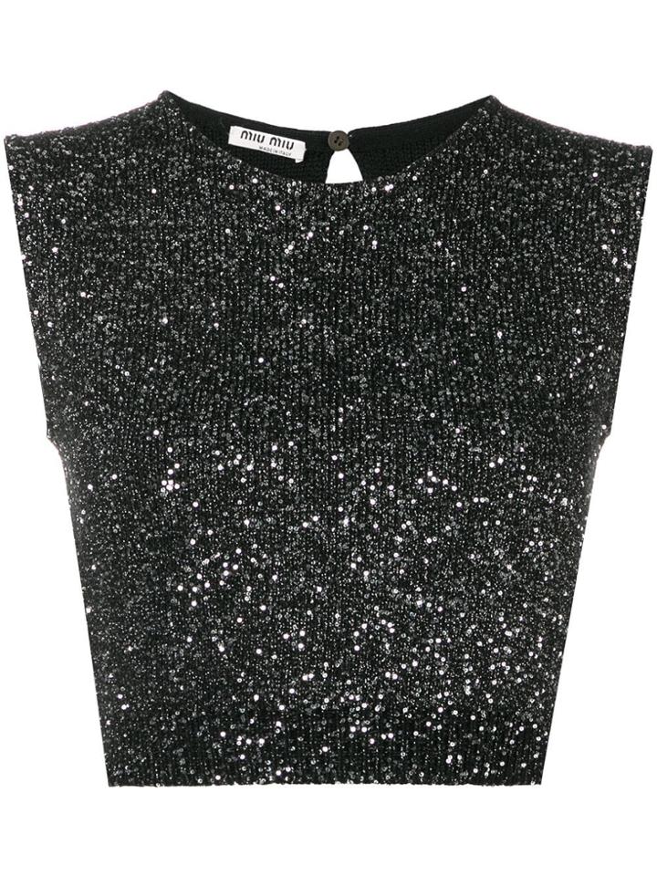 Miu Miu Sequin Embroidered Cropped Top - Black