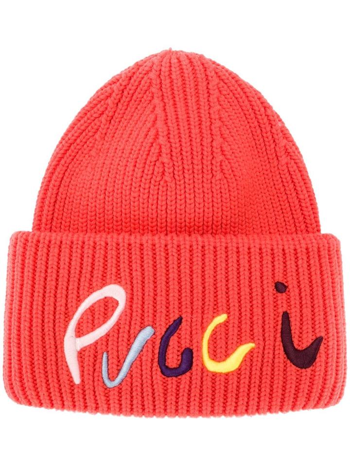 Emilio Pucci Logo Embroidered Ribbed Cashmere Beanie - Orange