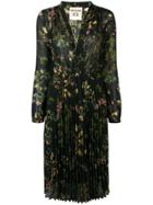 Semicouture Floral Flared Pleated Dress - Black