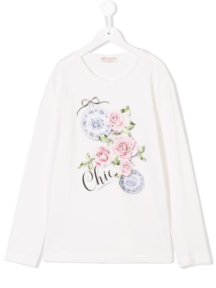 Monnalisa Teen Rose Print T-shirt - White