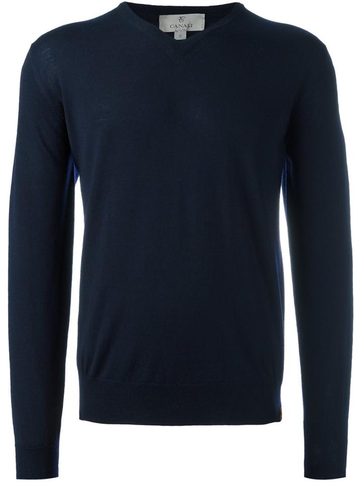 Canali V-neck Jumper, Men's, Size: 56, Blue, Wool