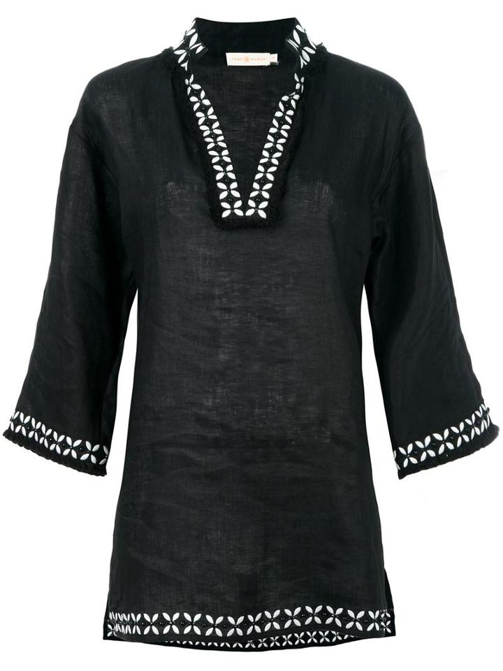 Tory Burch Split Neck Tunic Top, Women's, Size: Medium, Black, Linen/flax/polyester