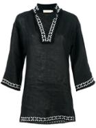 Tory Burch Split Neck Tunic Top, Women's, Size: Medium, Black, Linen/flax/polyester