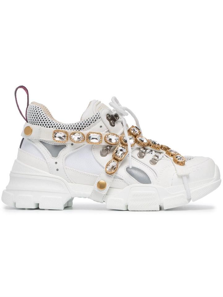 Gucci Flashtrek 45 Leather And Crystal Sneakers - White
