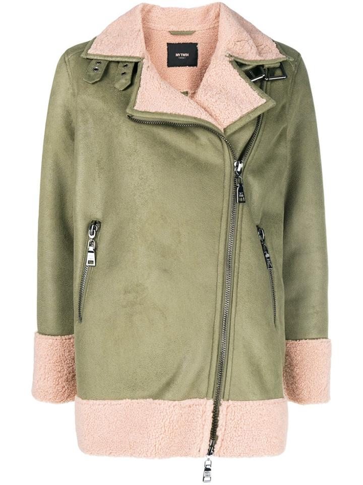 Twin-set Faux Shearling Biker Jacket - Green