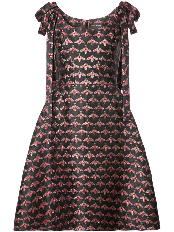 Christian Siriano Shoulder Bow Bee Print A-line Dress - Black