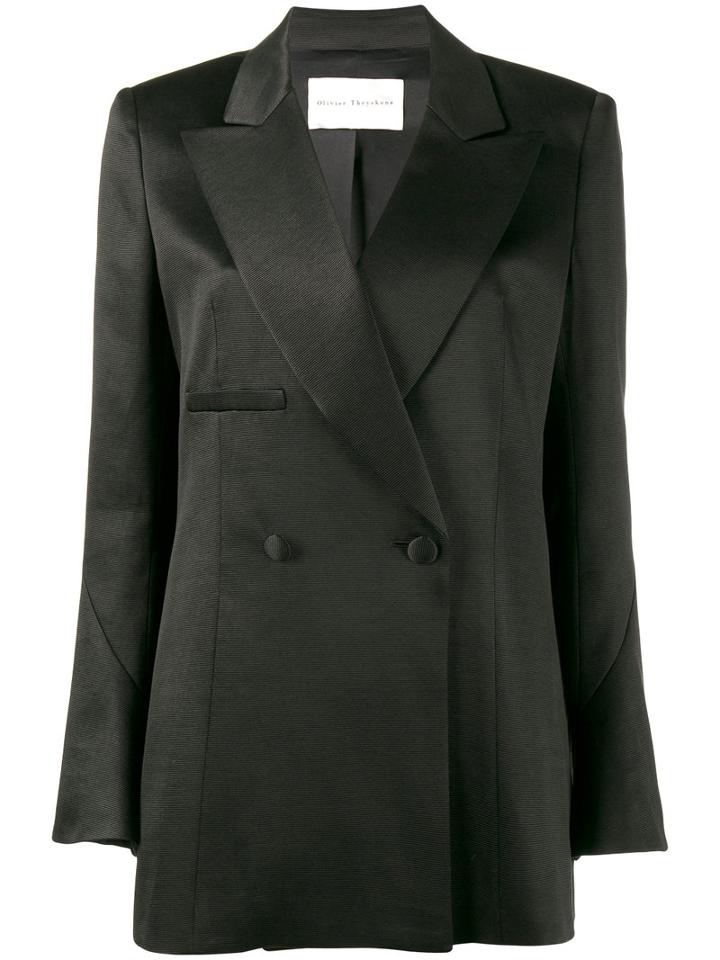 Olivier Theyskens - Double Breasted Long Blazer - Women - Silk/cotton - 36, Black, Silk/cotton