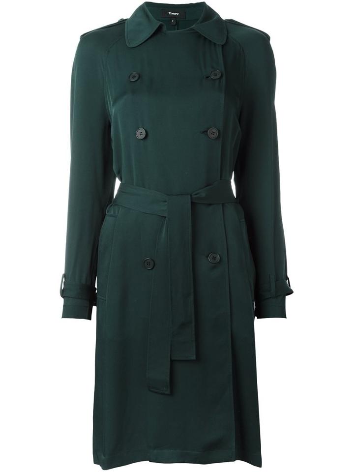 Theory Silk Trench Coat, Women's, Size: Small, Green, Silk