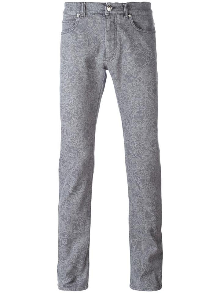 Versace Baroque Pattern Slim Jeans, Men's, Size: 32, Grey, Cotton/spandex/elastane