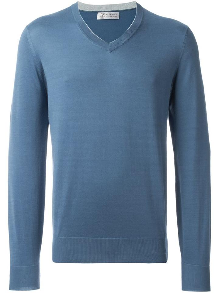 Brunello Cucinelli V-neck Jumper, Men's, Size: 52, Blue, Cotton