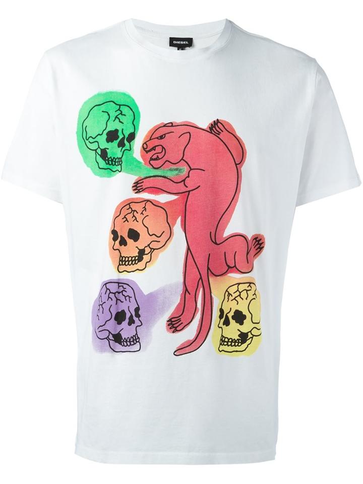 Diesel Panther Print T-shirt, Men's, Size: Small, White, Cotton