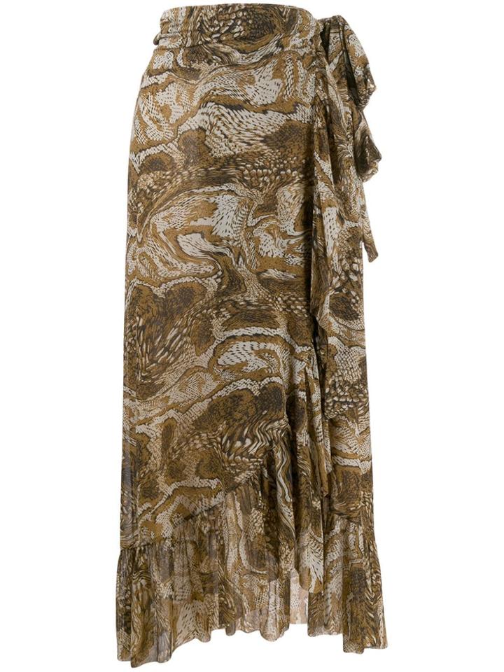 Ganni Ruffled Trim Snakeskin Print Skirt - Brown