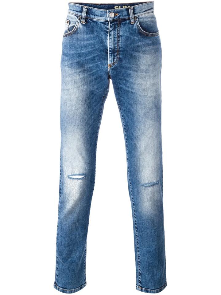 Versace Collection Distressed Straight-leg Jeans, Men's, Size: 32, Blue, Cotton/polyester/spandex/elastane