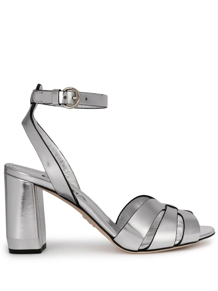 Prada Block Heel Metallic Sandals - Silver