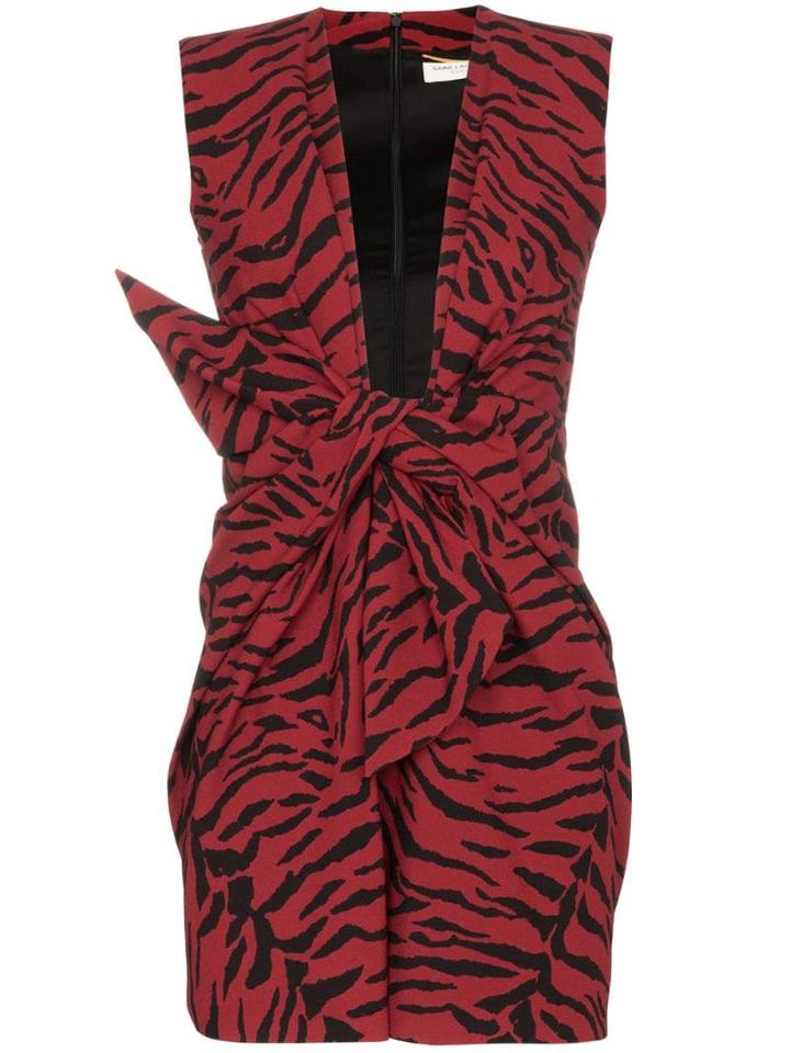 Saint Laurent Tiger-print Tie-front Mini Dress - Red