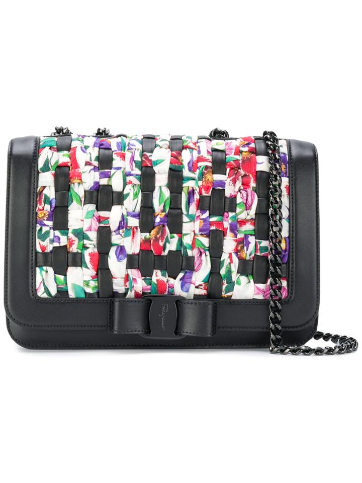 Salvatore Ferragamo Vara Intrecciato Floral Print Shoulder Bag - Black