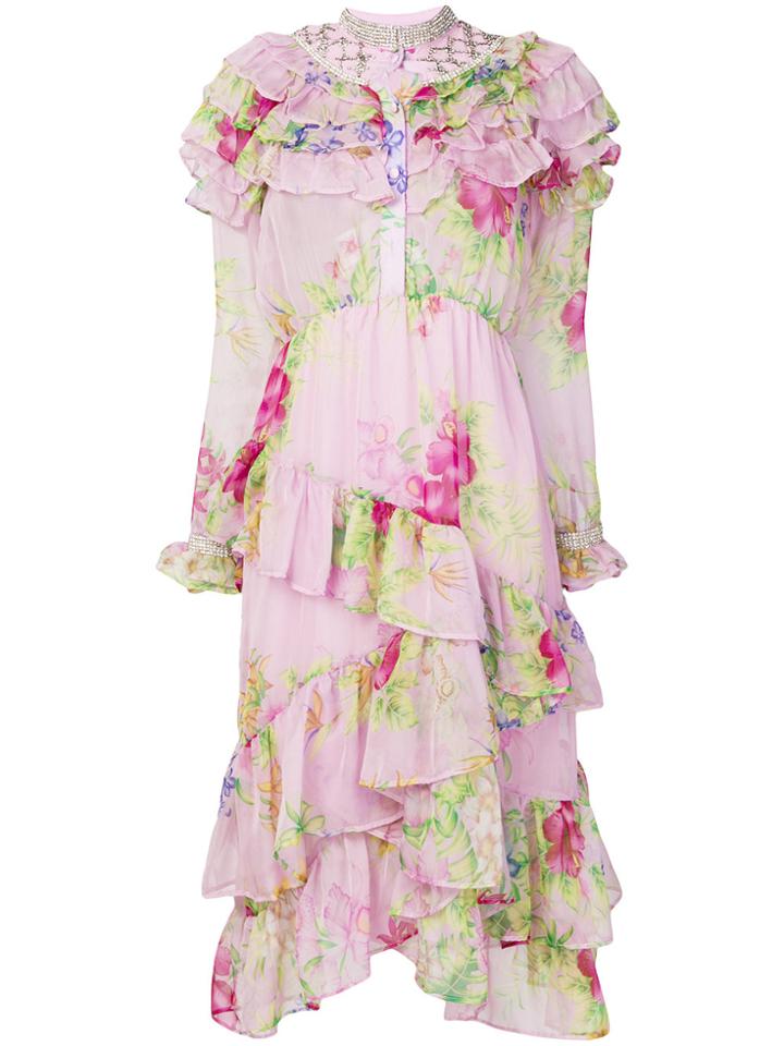 Dodo Bar Or Floral Print Ruffle Trim Dress - Pink & Purple