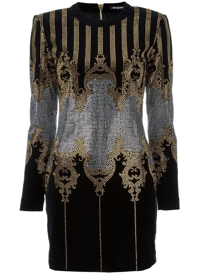 Balmain Studded Baroque Mini Dress, Women's, Size: 36, Black, Cotton/spandex/elastane/glass