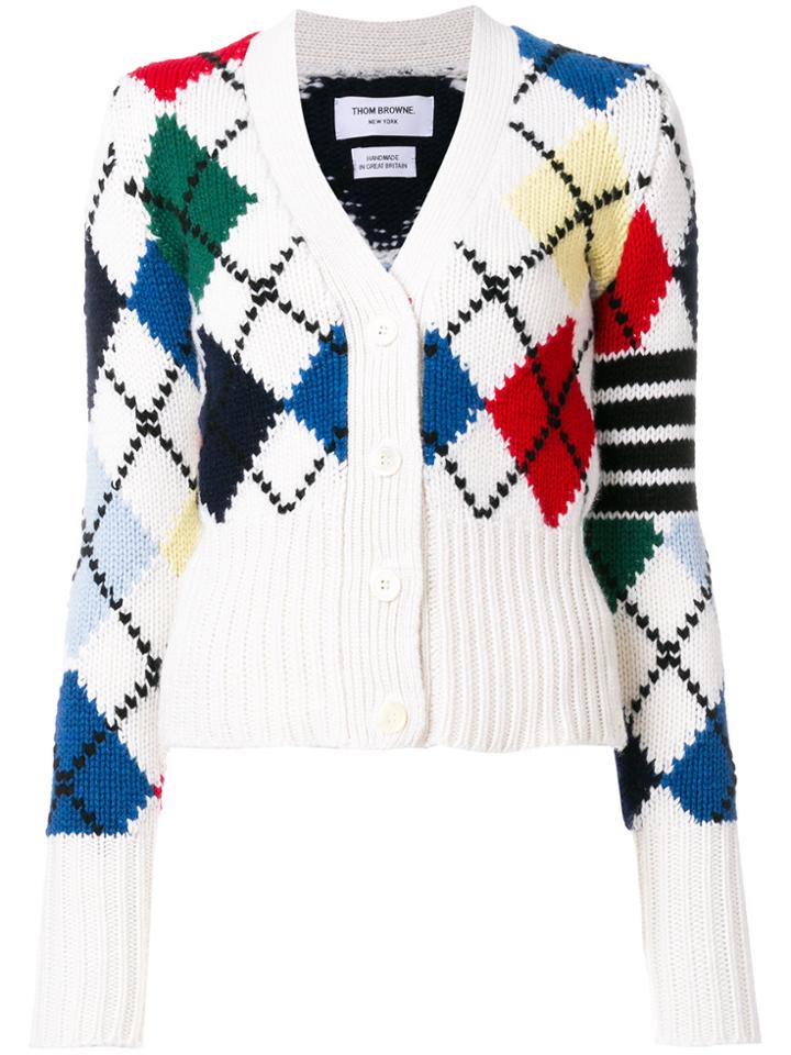 Thom Browne Argyle Knit V-neck Cardigan - White