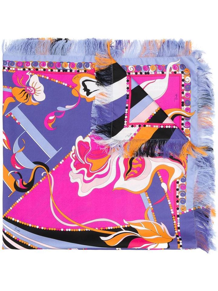 Emilio Pucci Logo Print Silk Fringe Square Scarf - Pink