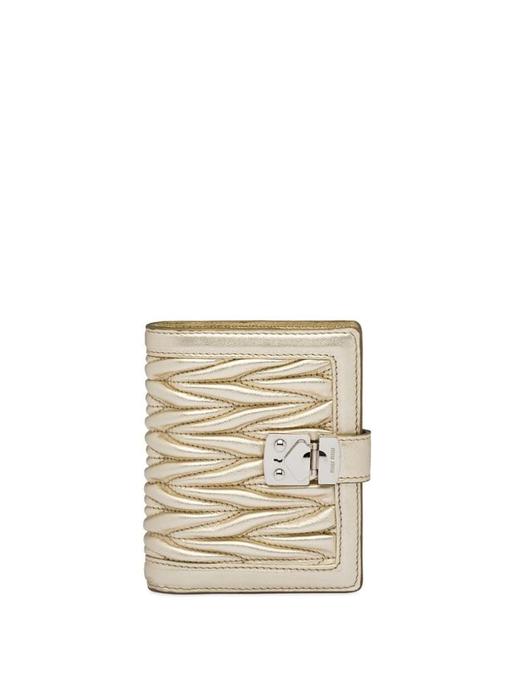 Miu Miu Matelassé Lock Metallic Leather Wallet - Neutrals