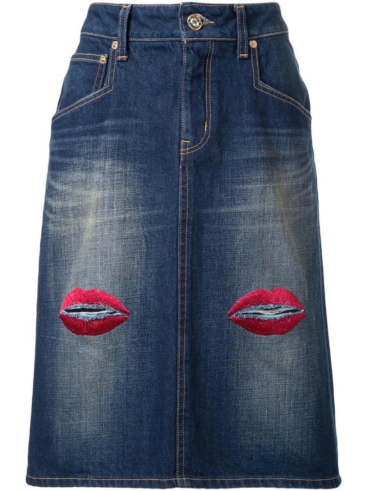 Dresscamp Embroidered Lip Denim Skirt, Women's, Size: 36, Blue, Cotton