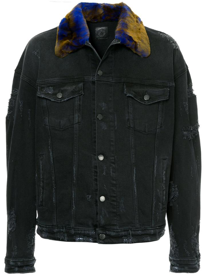 Alchemist Fur Collar Distressed Denim Jacket - Black