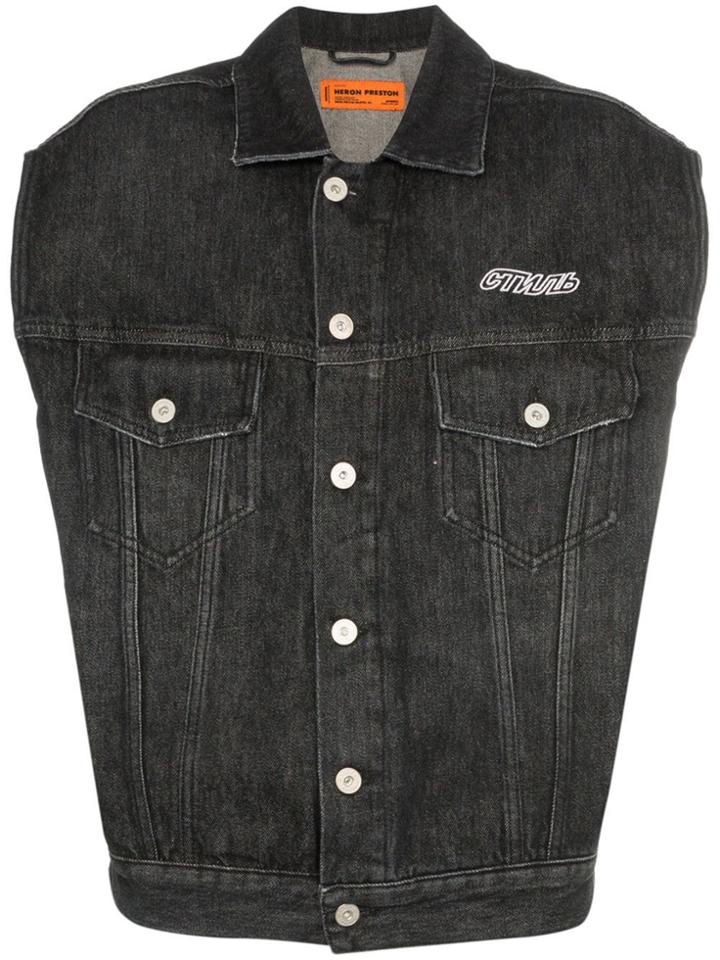 Heron Preston Ctnmb-print Sleeveless Denim Jacket - Black