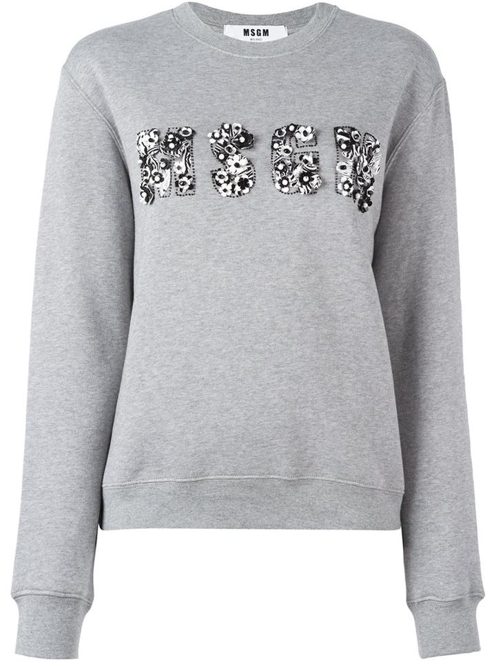 Msgm Embellished Logo Sweatshirt, Women's, Size: Small, Grey, Cotton/viscose/pvc/glass