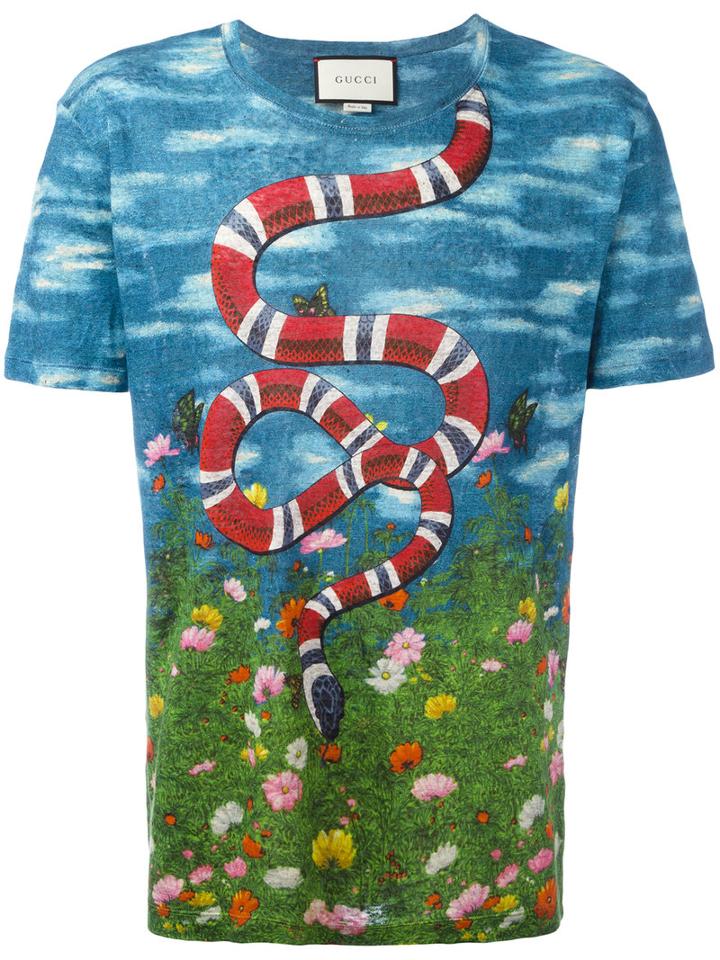 Gucci Sky (blue) And Garden Print T-shirt, Men's, Size: Xs, Linen/flax